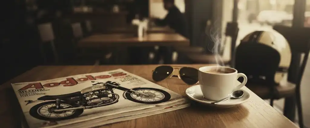 table de bar avec magazine moto posé, tasse de café et casque
