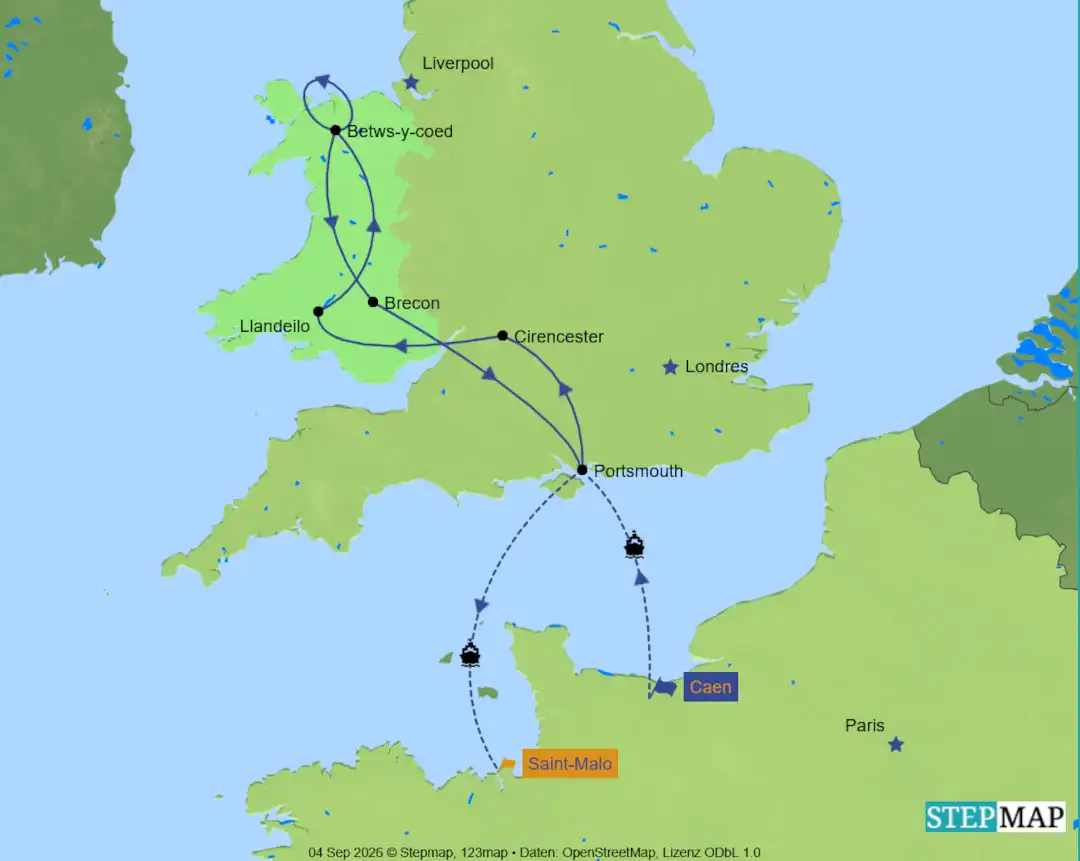 G7FC-map Carte du road trip to wales
