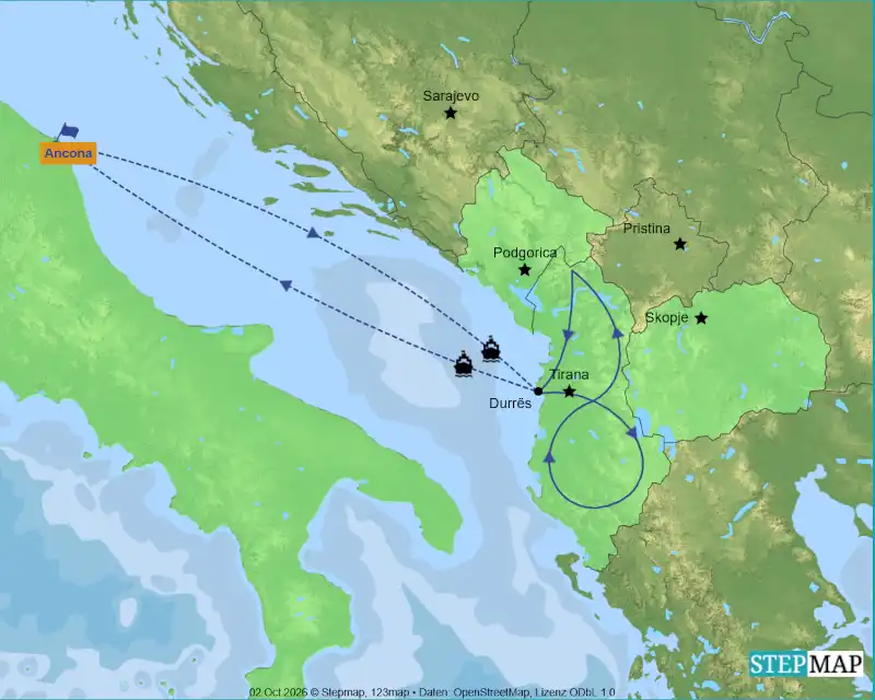 g7da-map Carte du voyage moto en groupe, en Albanie : Dritë Albania